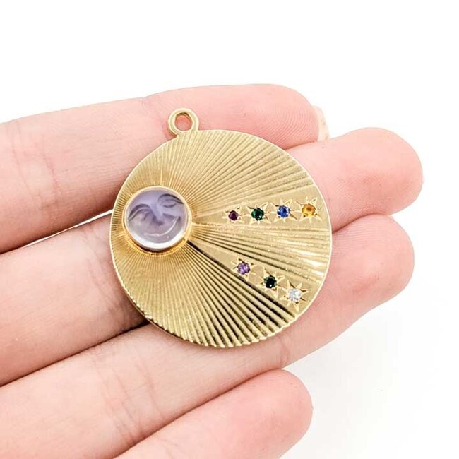 Pendant Moon Face Celestial .03ct Round Diamond .04ctw Emerald, Sapphire, Ruby .02ct Amethyst, Citrine 14ky 1.25" 11.32g 125100006