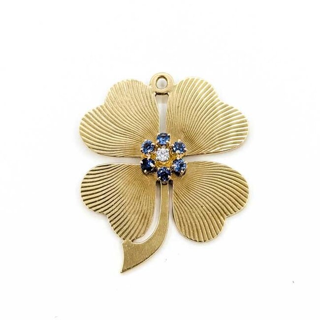 Pendant Four Leaf Clover .06ct Round Diamond .40ct Blue Sapphire 14ky 1.6x1.4" 13.99g 125100007