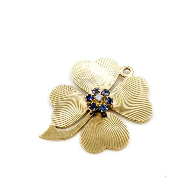 Pendant Four Leaf Clover .06ct Round Diamond .40ct Blue Sapphire 14ky 1.6x1.4" 13.99g 125100007