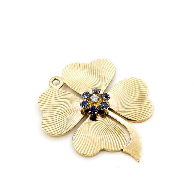 Pendant Four Leaf Clover .06ct Round Diamond .40ct Blue Sapphire 14ky 1.6x1.4" 13.99g 125100007