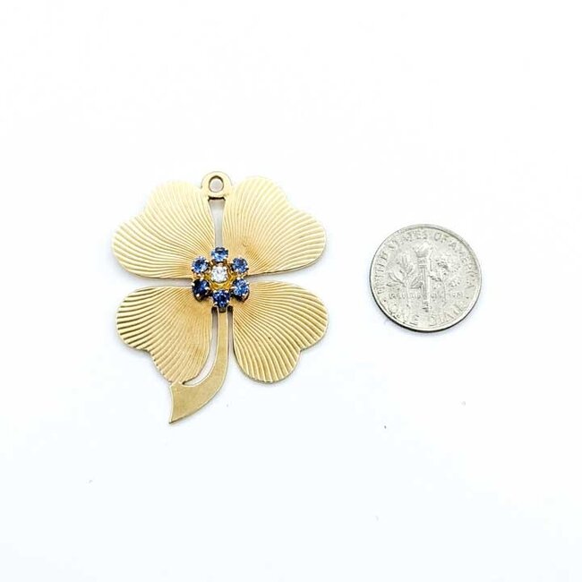 Pendant Four Leaf Clover .06ct Round Diamond .40ct Blue Sapphire 14ky 1.6x1.4" 13.99g 125100007