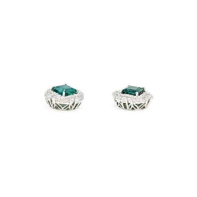 Earrings Double Halo Stud 1.02ctw Round Diamonds 3.62ct Emerald PLAT 14x14mm 5.6g 225100112