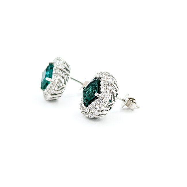 Earrings Double Halo Stud 1.02ctw Round Diamonds 3.62ct Emerald PLAT 14x14mm 5.6g 225100112