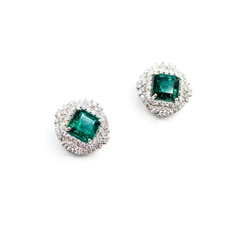 Earrings Double Halo Stud 1.02ctw Round Diamonds 3.62ct Emerald PLAT 14x14mm 5.6g 225100112
