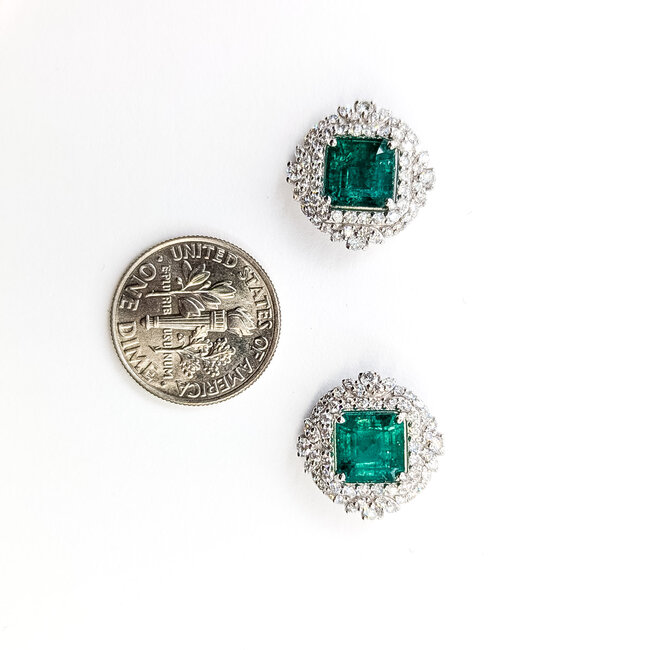 Earrings Double Halo Stud 1.02ctw Round Diamonds 3.62ct Emerald PLAT 14x14mm 5.6g 225100112