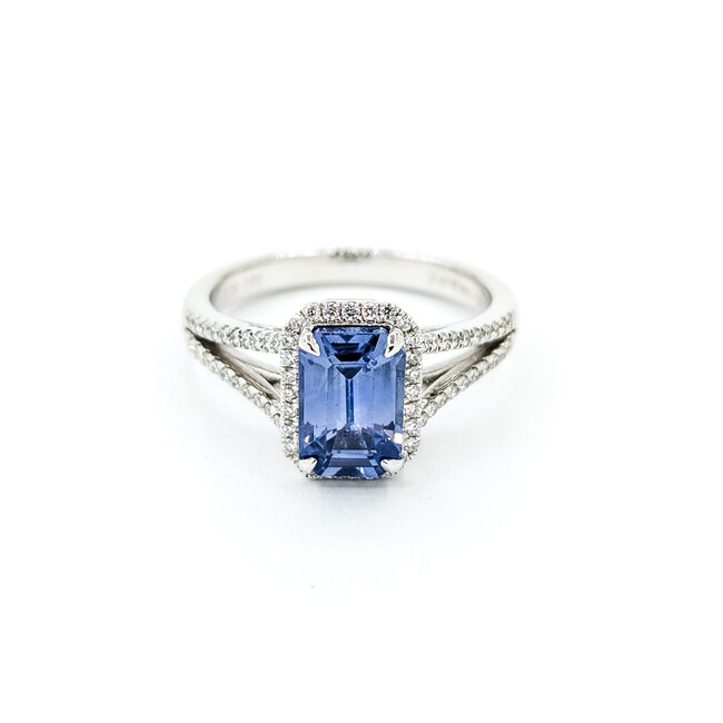 Rings Halo Split Shank 0.25ctw Round Diamonds 2.01ct Blue Sapphire PLAT 10x8mm Sz6 5.8g 225100123