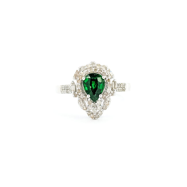 Rings Double Halo Tear Drop 0.37ctw Round & Baguette Diamonds 1.15ct Green Garnet PLAT 14x11mm Sz6.5 4.8g 225100128