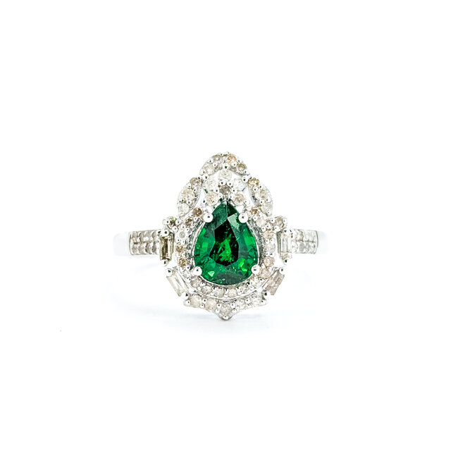 Rings Double Halo Tear Drop 0.37ctw Round & Baguette Diamonds 1.15ct Green Garnet PLAT 14x11mm Sz6.5 4.8g 225100128