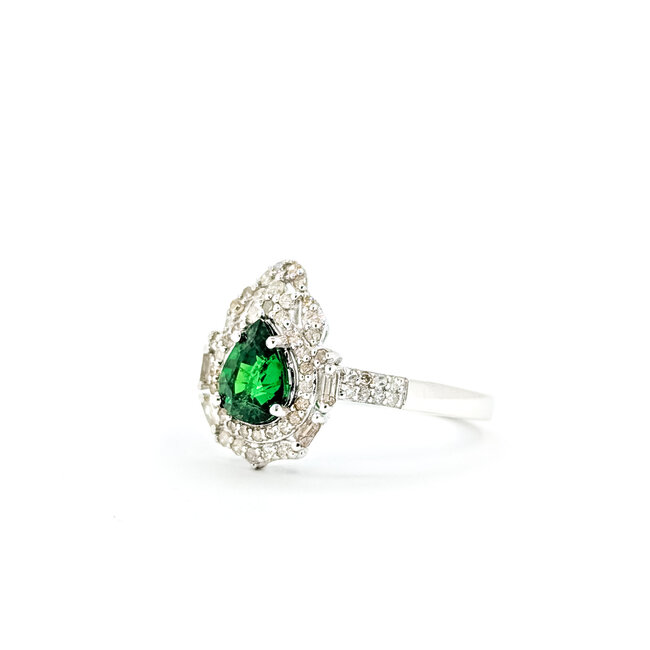 Rings Double Halo Tear Drop 0.37ctw Round & Baguette Diamonds 1.15ct Green Garnet PLAT 14x11mm Sz6.5 4.8g 225100128