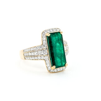 Rings Halo Wide Band 0.72ctw Round Diamonds 3.14ct Emerald PLAT 17.5x10mm Sz7 7.8g 225100124