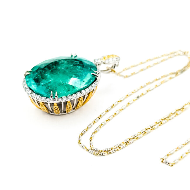 Necklace Halo 0.77ctw Round Diamonds 37.2ct Colombian Emerald 18kw 1.5x.85" 18" 23.7g 225100113