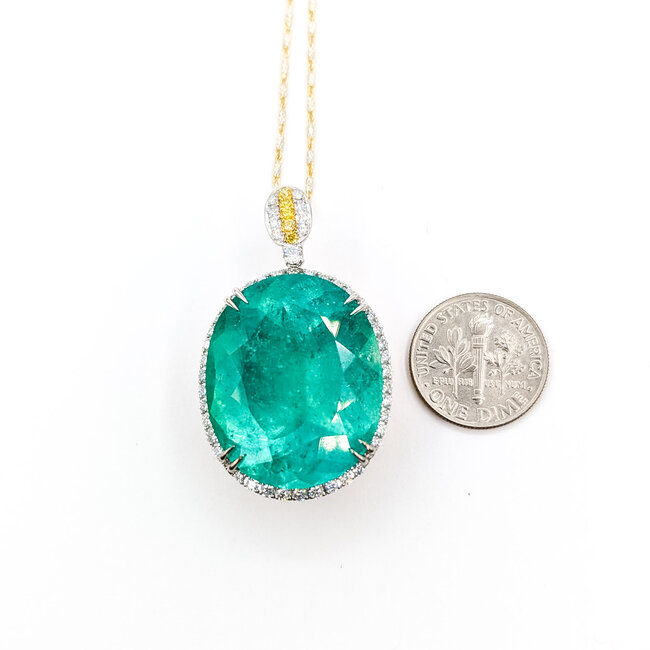 Necklace Halo 0.77ctw Round Diamonds 37.2ct Colombian Emerald 18kw 1.5x.85" 18" 23.7g 225100113