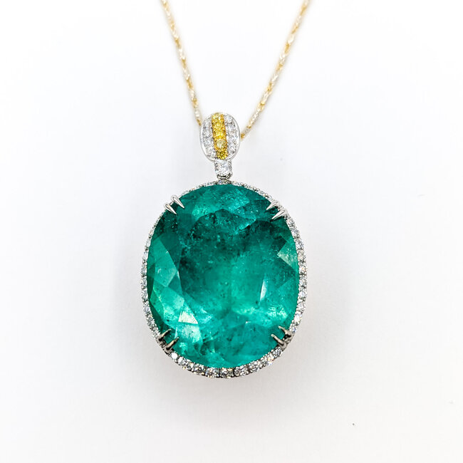 Necklace Halo 0.77ctw Round Diamonds 37.2ct Colombian Emerald 18kw 1.5x.85" 18" 23.7g 225100113