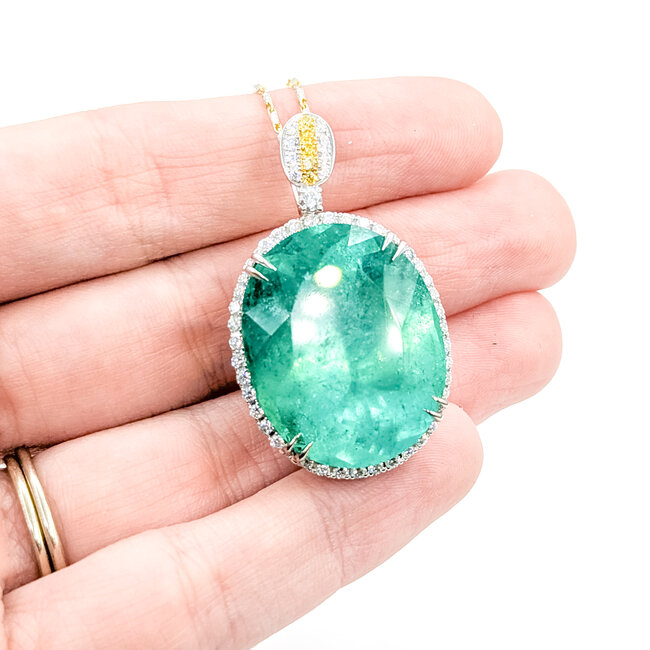 Necklace Halo 0.77ctw Round Diamonds 37.2ct Colombian Emerald 18kw 1.5x.85" 18" 23.7g 225100113