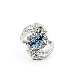 Rings Bypass 1.48ctw Princess & Round Diamonds 3.23ct Blue Unheated Burma Sapphire PLAT 20mm Sz6.75 13.1g 225100117