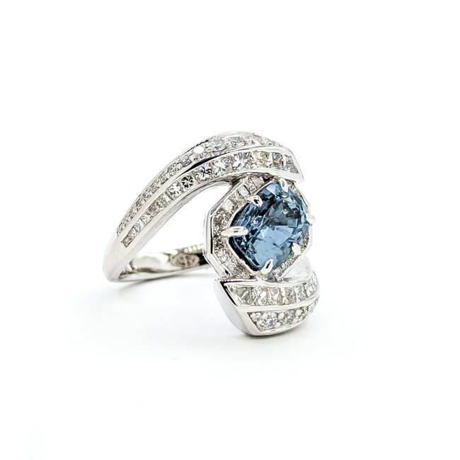 Rings Bypass 1.48ctw Princess & Round Diamonds 3.23ct Blue Unheated Burma Sapphire PLAT 20mm Sz6.75 13.1g 225100117