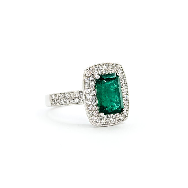 Rings Halo Milgrain 0.74ctw Round Diamonds 3ct Emerald PLAT 16x13mm Sz7 11g 225100119