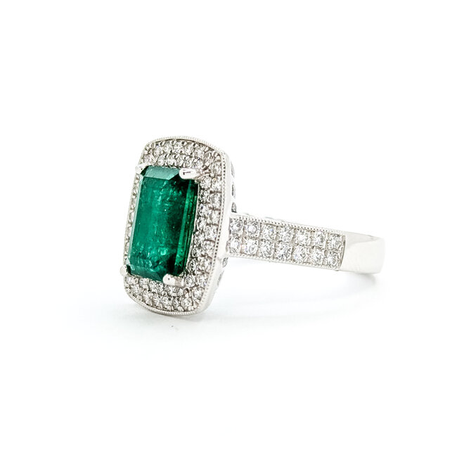 Rings Halo Milgrain 0.74ctw Round Diamonds 3ct Emerald PLAT 16x13mm Sz7 11g 225100119
