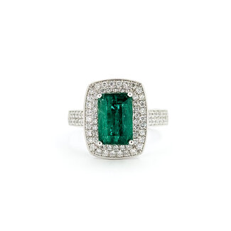 Rings Halo Milgrain 0.74ctw Round Diamonds 3ct Emerald PLAT 16x13mm Sz7 11g 225100119