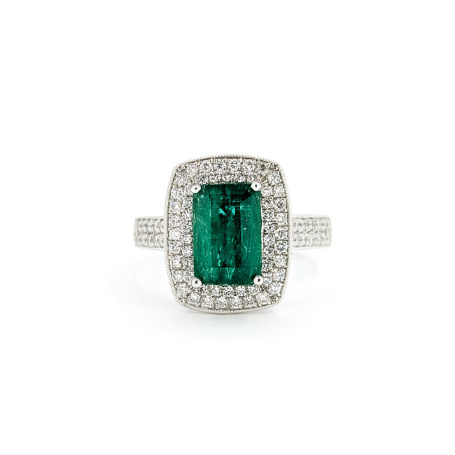Rings Halo Milgrain 0.74ctw Round Diamonds 3ct Emerald PLAT 16x13mm Sz7 11g 225100119