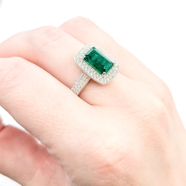 Rings Halo Milgrain 0.74ctw Round Diamonds 3ct Emerald PLAT 16x13mm Sz7 11g 225100119