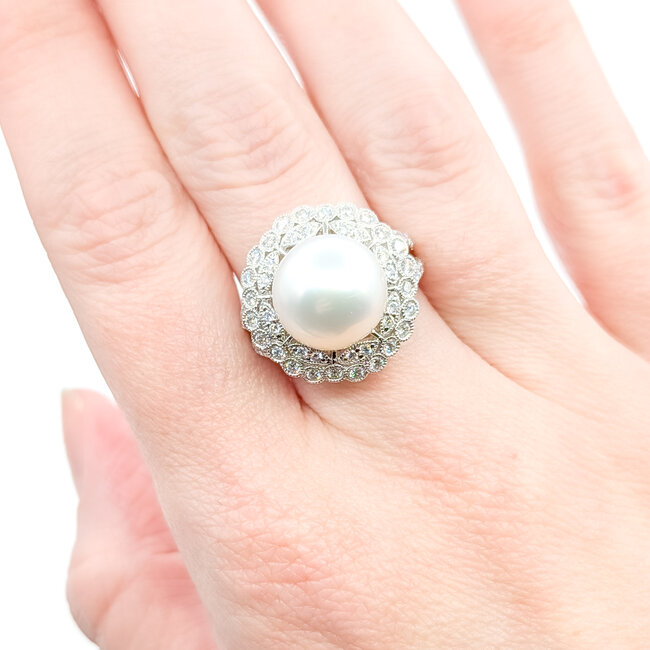 Rings Cocktail Milgrain 0.93ctw Round Diamonds 12mm South Sea Pearl PLAT 20mm Sz6.75 11.8g 225100118