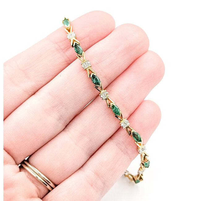 Bracelet Bow Tie .05ctw Round Diamonds 2.00ctw Emerald 14ky 3.35mm 7.5" 7.04g 125100016