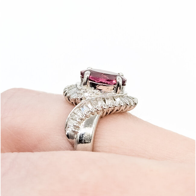 Ring Bypass 0.87ctw Round & Baguette Diamonds 1.85ct Reddish Pink Tourmaline Platinum 14mm Sz5 8.15g 225100142