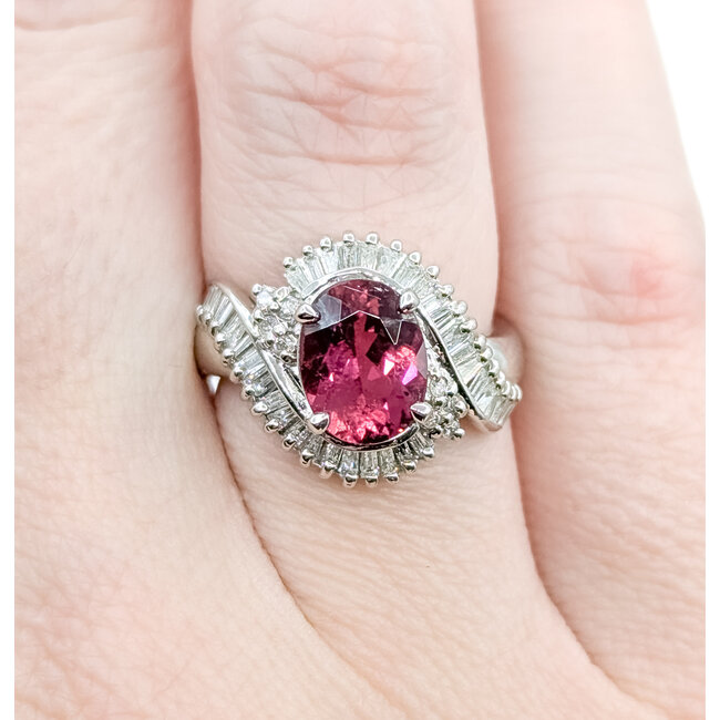 Ring Bypass 0.87ctw Round & Baguette Diamonds 1.85ct Reddish Pink Tourmaline Platinum 14mm Sz5 8.15g 225100142