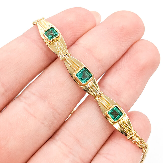 Bracelet 3-Stone Station 1.00ctw Colombian Emerald 14ky 6mm 7" 5.91g 225100090