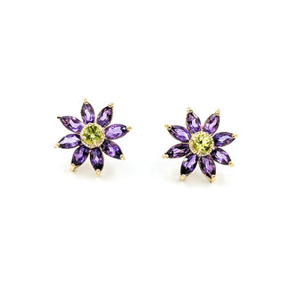 Earrings Stud Floral 3.5ctw Purple Amethyst .50ctw Green Peridot 14ky .6" 4.51g 125100036