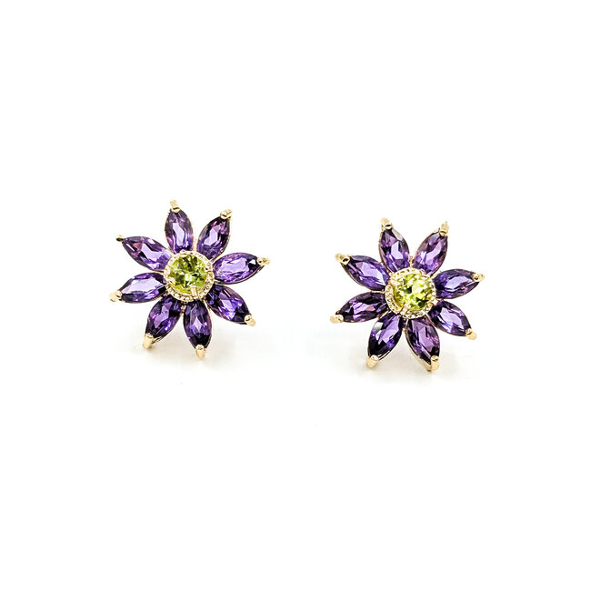 Earrings Stud Floral 3.5ctw Purple Amethyst .50ctw Green Peridot 14ky .6" 4.51g 125100036