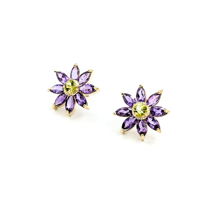 Earrings Stud Floral 3.5ctw Purple Amethyst .50ctw Green Peridot 14ky .6" 4.51g 125100036