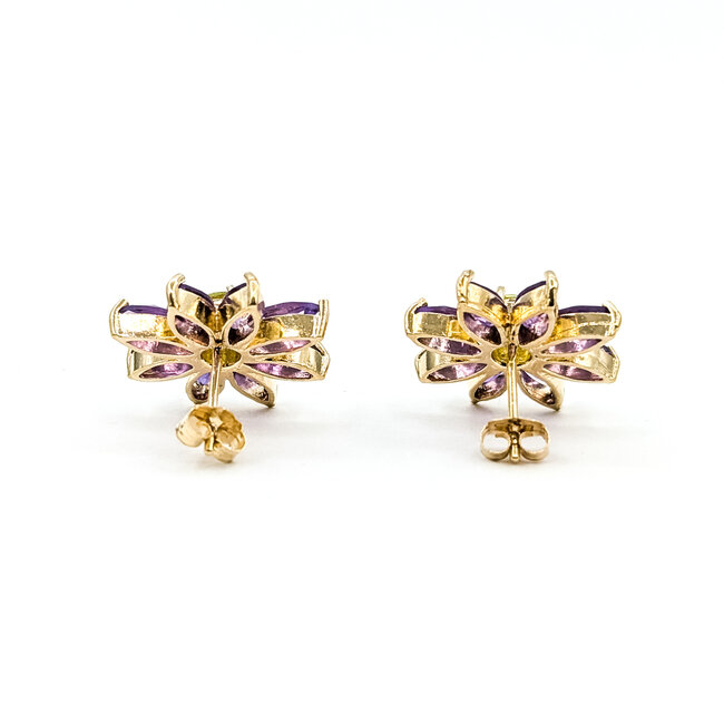 Earrings Stud Floral 3.5ctw Purple Amethyst .50ctw Green Peridot 14ky .6" 4.51g 125100036