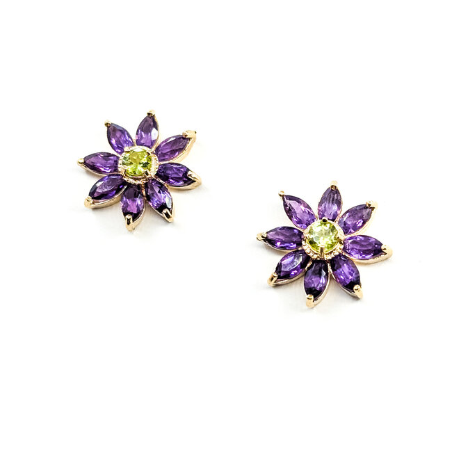 Earrings Stud Floral 3.5ctw Purple Amethyst .50ctw Green Peridot 14ky .6" 4.51g 125100036