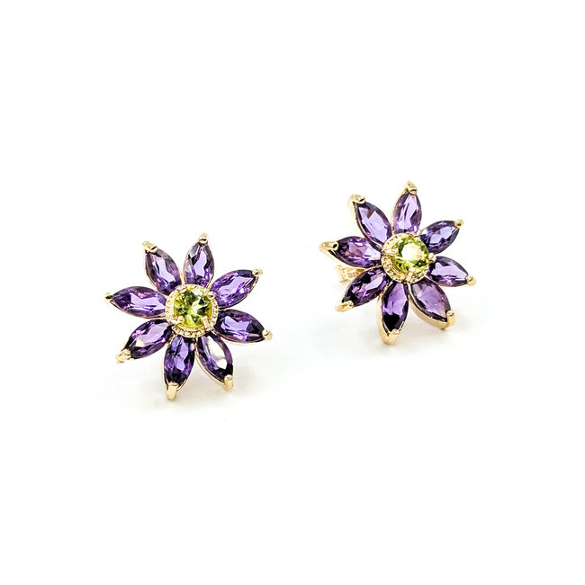 Earrings Stud Floral 3.5ctw Purple Amethyst .50ctw Green Peridot 14ky .6" 4.51g 125100036