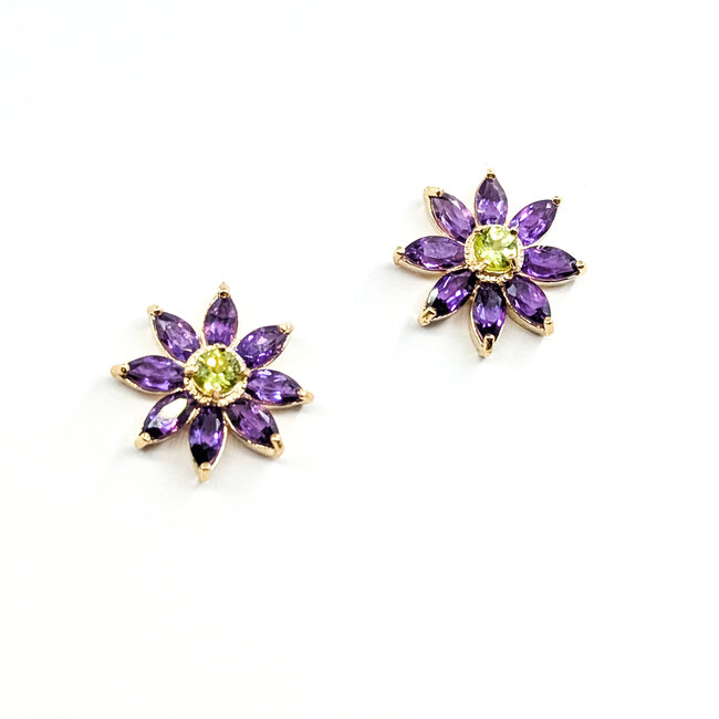 Earrings Stud Floral 3.5ctw Purple Amethyst .50ctw Green Peridot 14ky .6" 4.51g 125100036