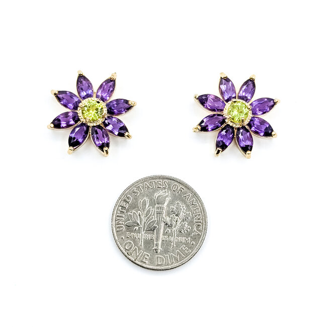 Earrings Stud Floral 3.5ctw Purple Amethyst .50ctw Green Peridot 14ky .6" 4.51g 125100036