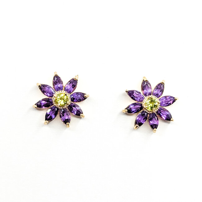 Earrings Stud Floral 3.5ctw Purple Amethyst .50ctw Green Peridot 14ky .6" 4.51g 125100036