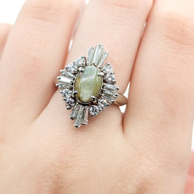 Ring Cocktail 1.46ctw Round & Baguette Diamonds 3.98ct Cateyes Chysoberyl 900pt 23x16.5mm Sz6 10.45g 125110017