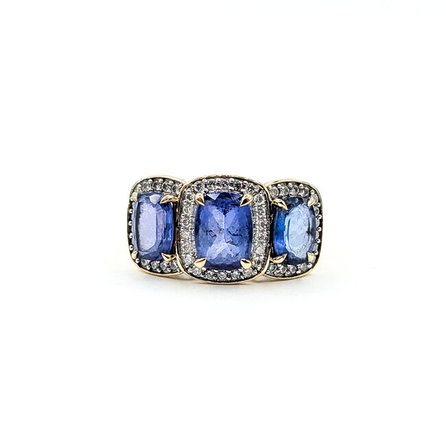 Ring 3-Stone .25ctw Round Diamonds 3.15ct Tanzanite 14ky 11.45mm Sz8 4.64g 225100021