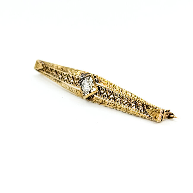 Brooch Filigree Milgrain Pin 0.33ctw Mine Cut Diamond 14ky 2.4x.4" 4.39g 225100069