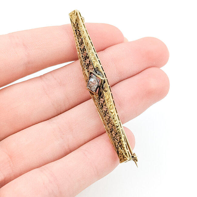 Brooch Filigree Milgrain Pin 0.33ctw Mine Cut Diamond 14ky 2.4x.4" 4.39g 225100069