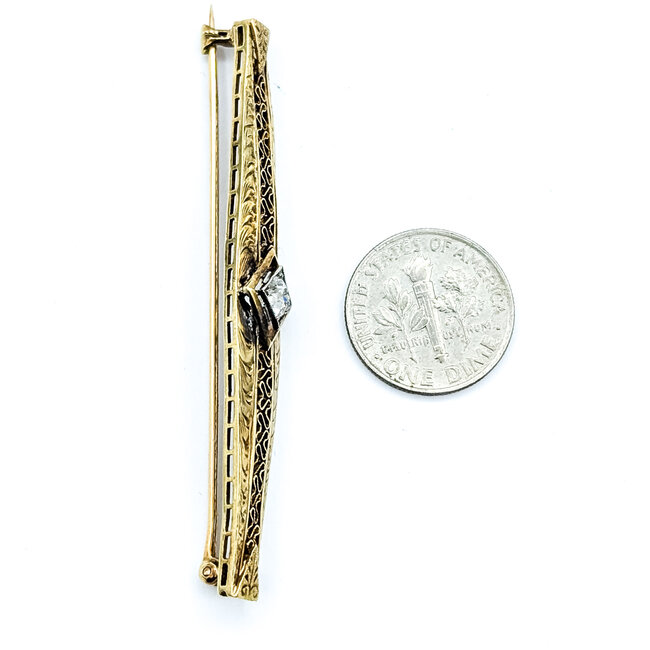 Brooch Filigree Milgrain Pin 0.33ctw Mine Cut Diamond 14ky 2.4x.4" 4.39g 225100069