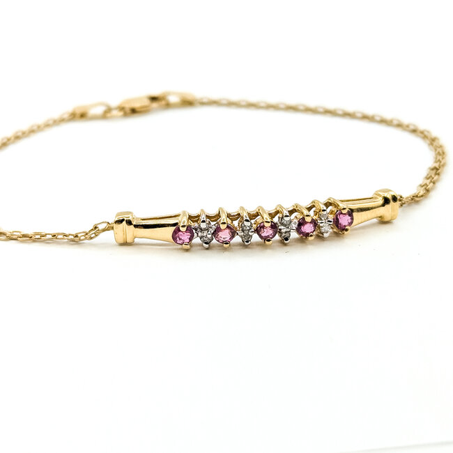 Bracelet Bar 0.08ctw Round Diamonds .33ctw Pinkish Red Ruby 14ky 4.2mm 7" 3.14g 225100070