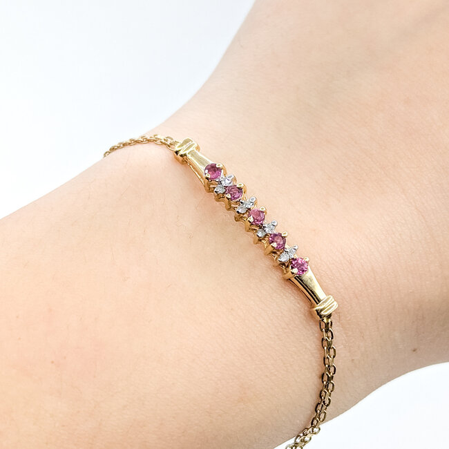 Bracelet Bar 0.08ctw Round Diamonds .33ctw Pinkish Red Ruby 14ky 4.2mm 7" 3.14g 225100070