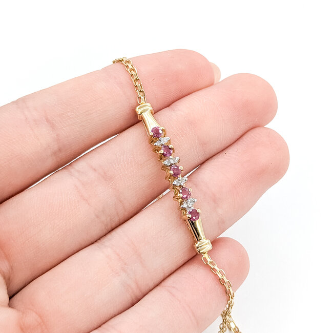 Bracelet Bar 0.08ctw Round Diamonds .33ctw Pinkish Red Ruby 14ky 4.2mm 7" 3.14g 225100070