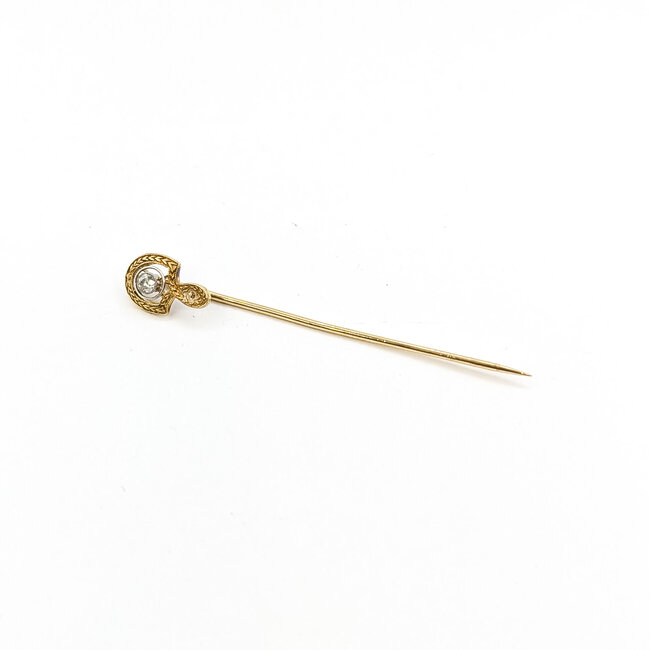 Pin Wheat Pattern 0.08ctw Mine Cut Diamond 2mm White Seed Pearl 14ky 13x8mm 2.25" 1.64g 225100074