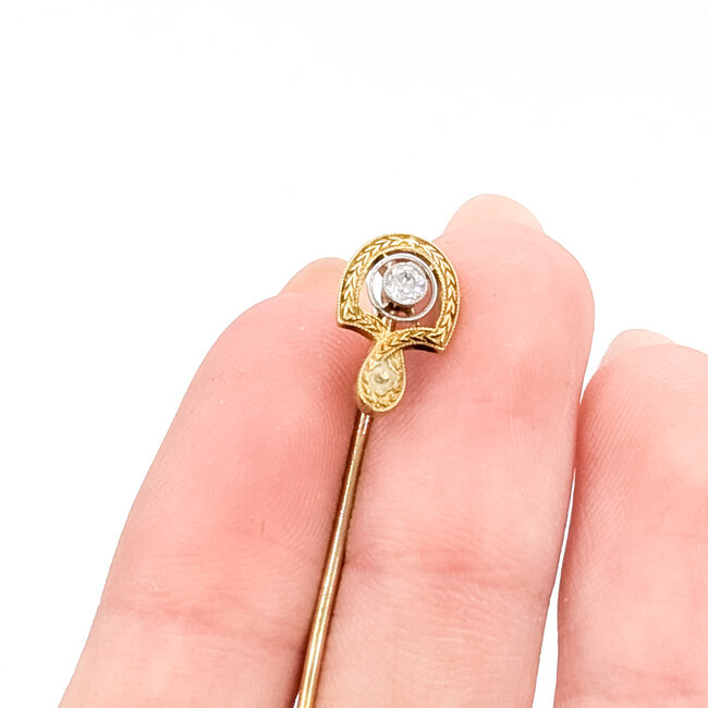 Pin Wheat Pattern 0.08ctw Mine Cut Diamond 2mm White Seed Pearl 14ky 13x8mm 2.25" 1.64g 225100074