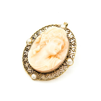 Pendant Heart Filigree Cameo 24x20mm Shell 3mm White Pearls 14ky 1.5x1.12" 9.54g 225100079
